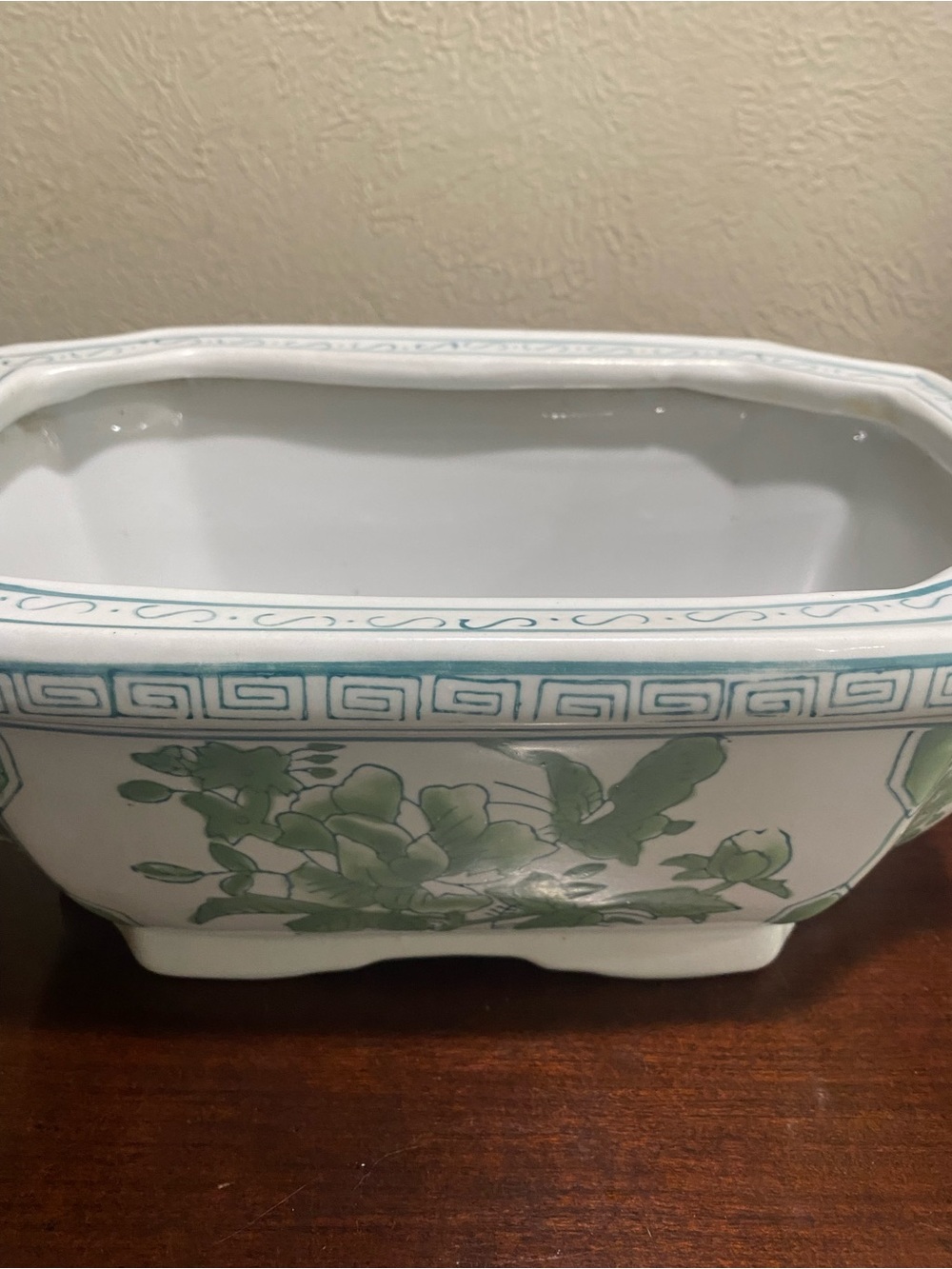 Rectangular Ceramic Planter, Distinctive Green & White Chinoiserie Floral Design - Picture 7 of 12